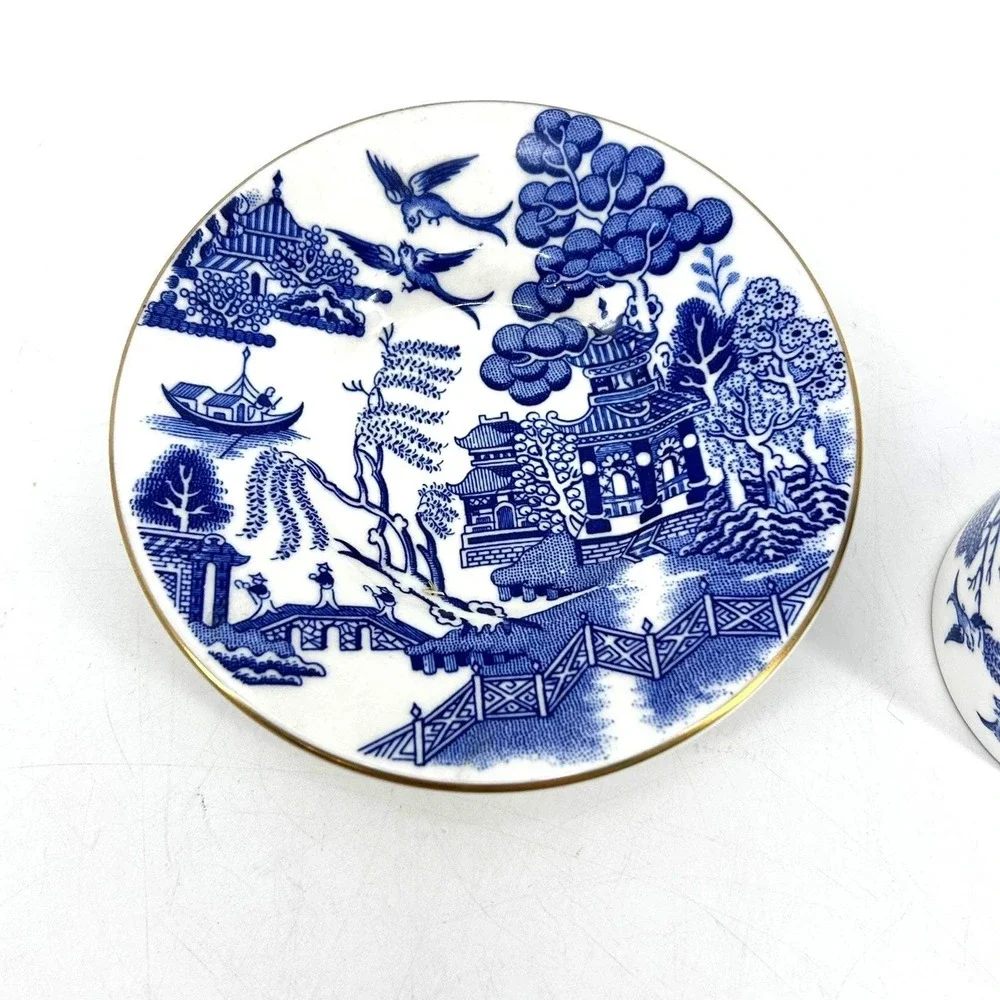 Coalport Blue Willow Demitasse Cup & Saucer Set Bone China Gold Trim - Damaged
